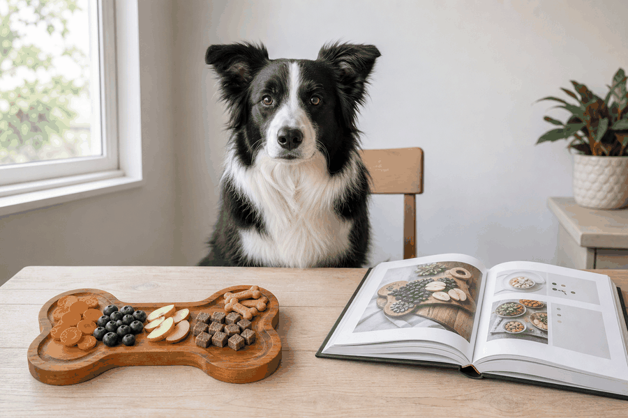 A black-and-white border collie beside a dog-safe barkcuterie board and open pet snack cookbook