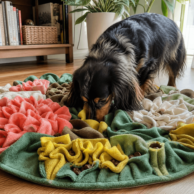 A long-haired tricolor Dachshund searching for kibble in a colorful botanical fleece snuffle mat