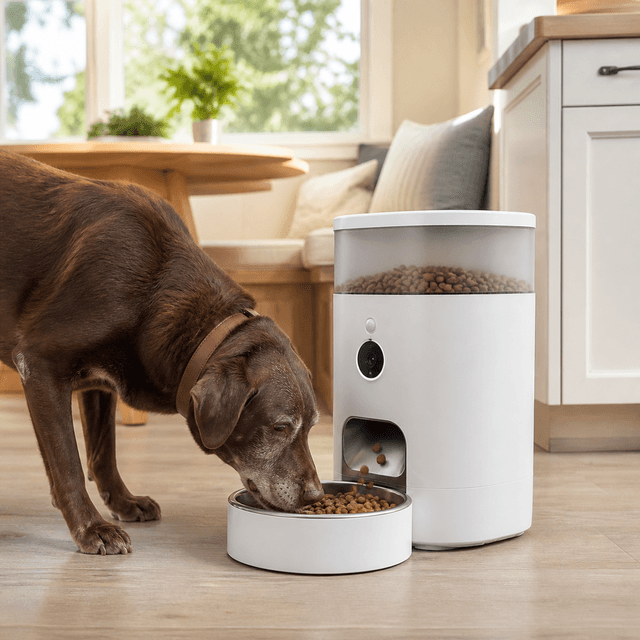 A senior chocolate Labrador eating from a white automatic dog feeder with a visible camera and kibble hopper