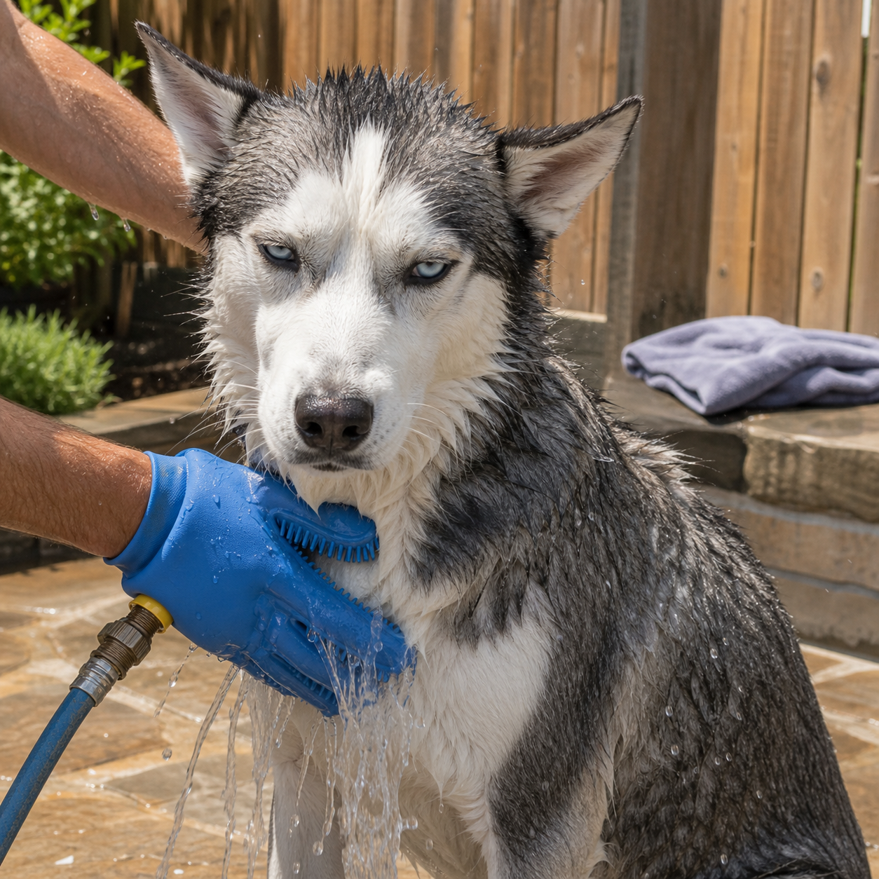 A wet grey-and-white Siberian Husky being washed safely with a blue hose-connected silicone bathing glove