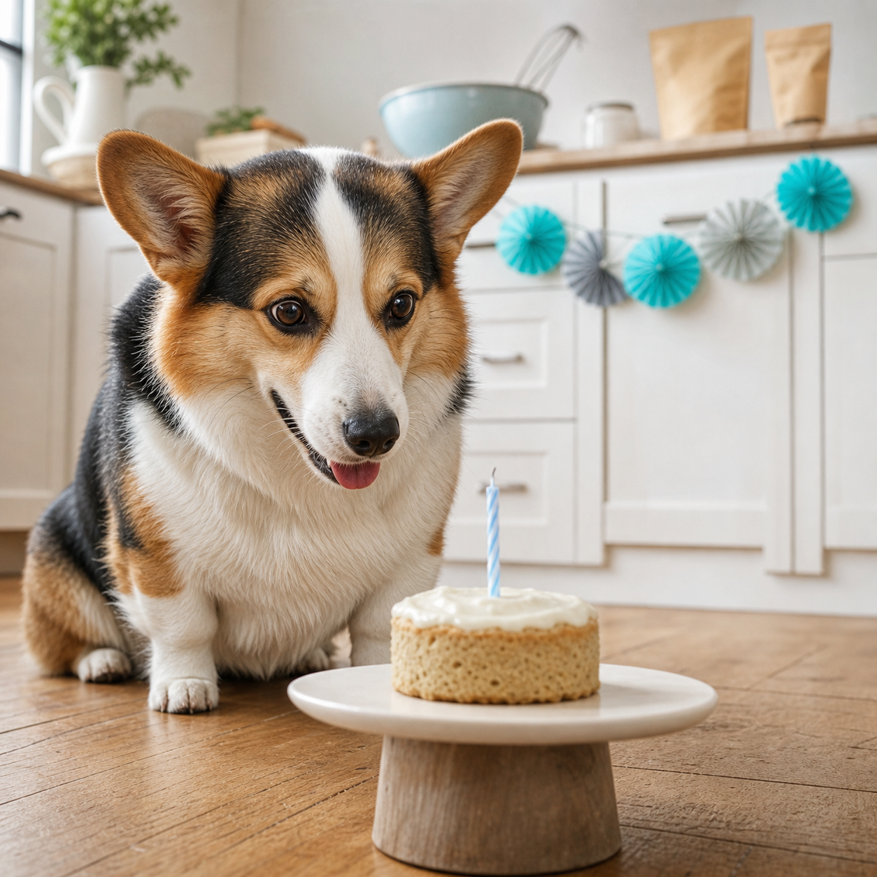 A tricolor corgi waiting in front of a small dog-safe birthday cake with an unlit candle