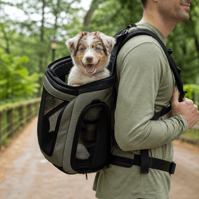 A red-merle Miniature Australian Shepherd puppy riding securely in a ventilated backpack on a park trail