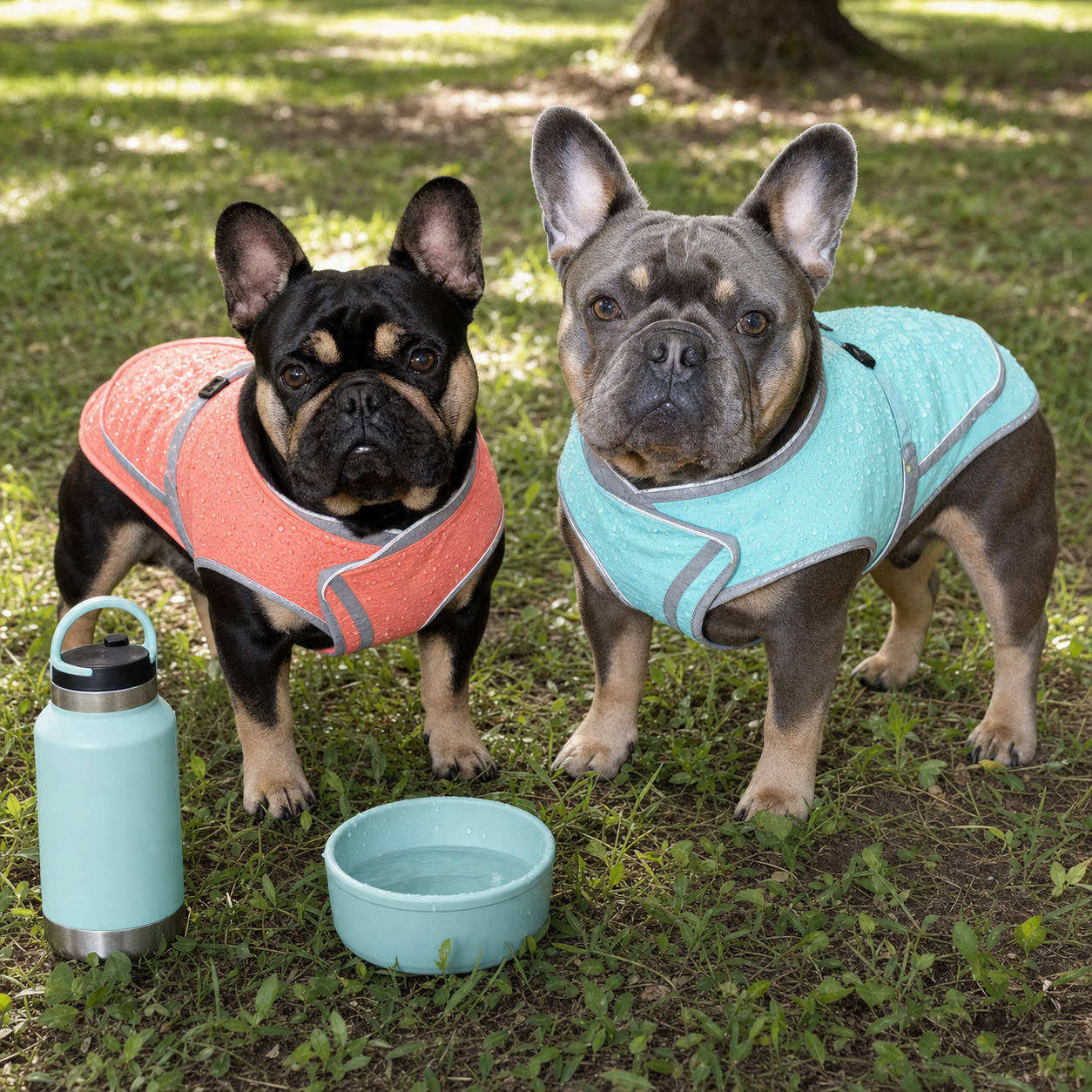 Pickles, a black-and-tan French bulldog, and Bear, a blue-and-tan French bulldog, wearing evaporative cooling vests