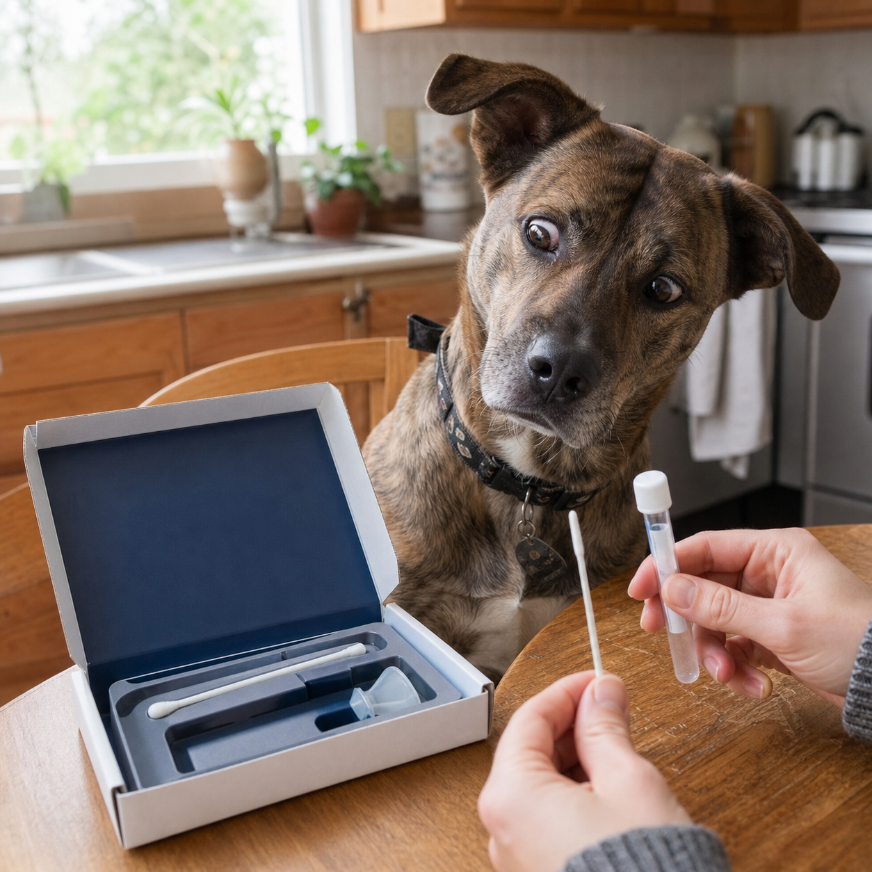 A curious brindle mixed-breed dog beside a generic canine cheek-swab DNA test kit on a kitchen table