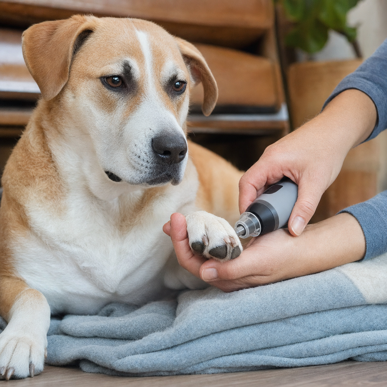 A calm tan-and-white mixed-breed dog having one front nail gently shortened with a guarded pet nail grinder