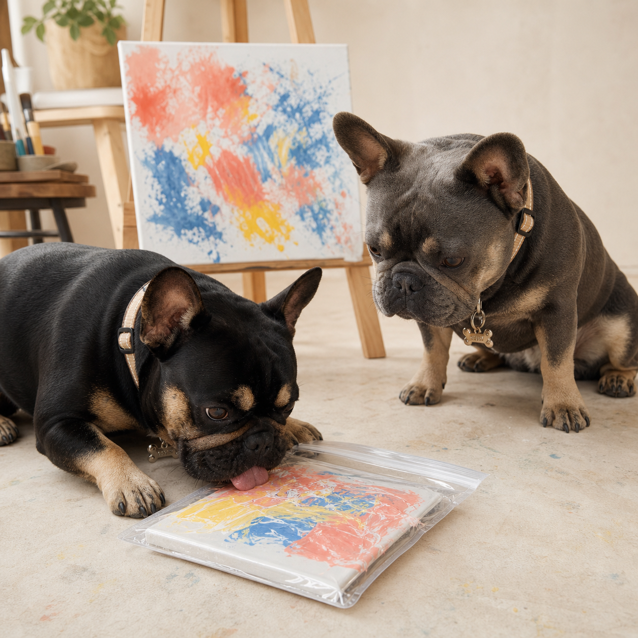 Pickles, a black-and-tan French bulldog, and Bear, a blue-and-tan French bulldog, making art with a mess-free dog painting kit