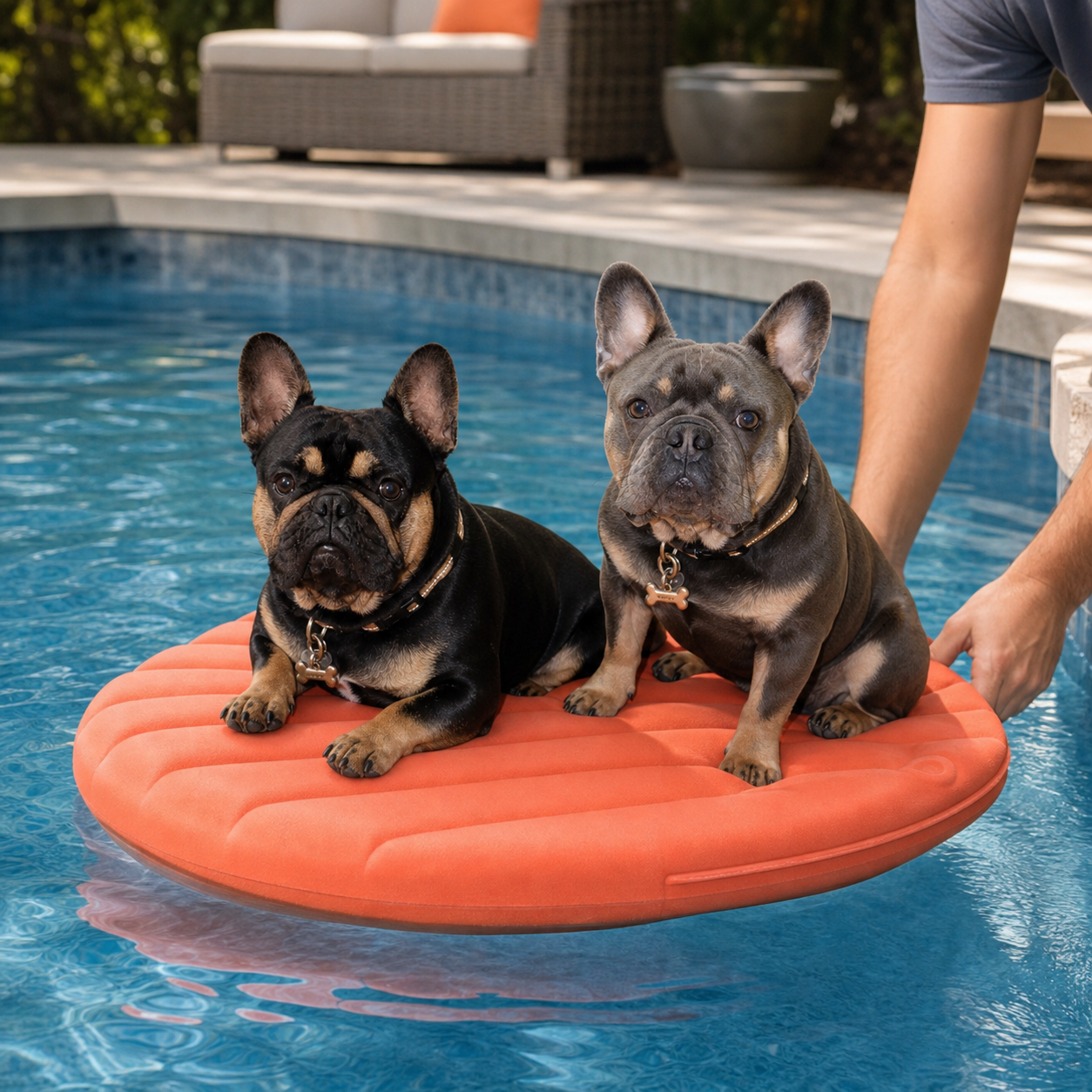 Pickles, a black-and-tan French bulldog, and Bear, a blue-and-tan French bulldog, testing a dog pool float