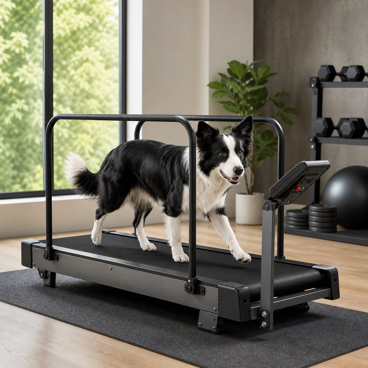 A black-and-white border collie walking on a compact canine treadmill with safety rails in a bright home gym
