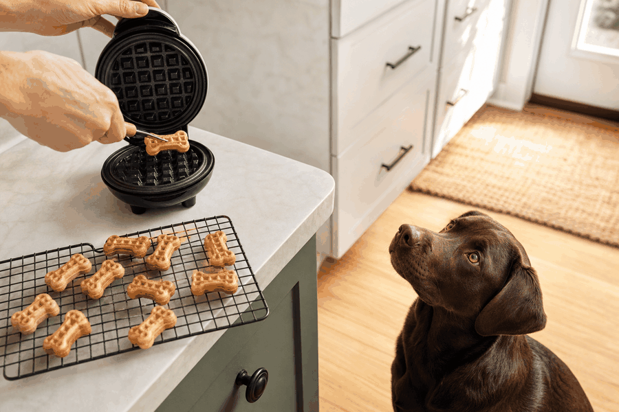 A chocolate Labrador watching an owner safely make small bone-shaped dog treats in a mini waffle maker