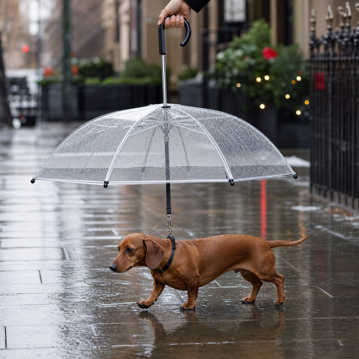 A red smooth-haired dachshund walking under a transparent dog umbrella with a built-in leash on a rainy city sidewalk
