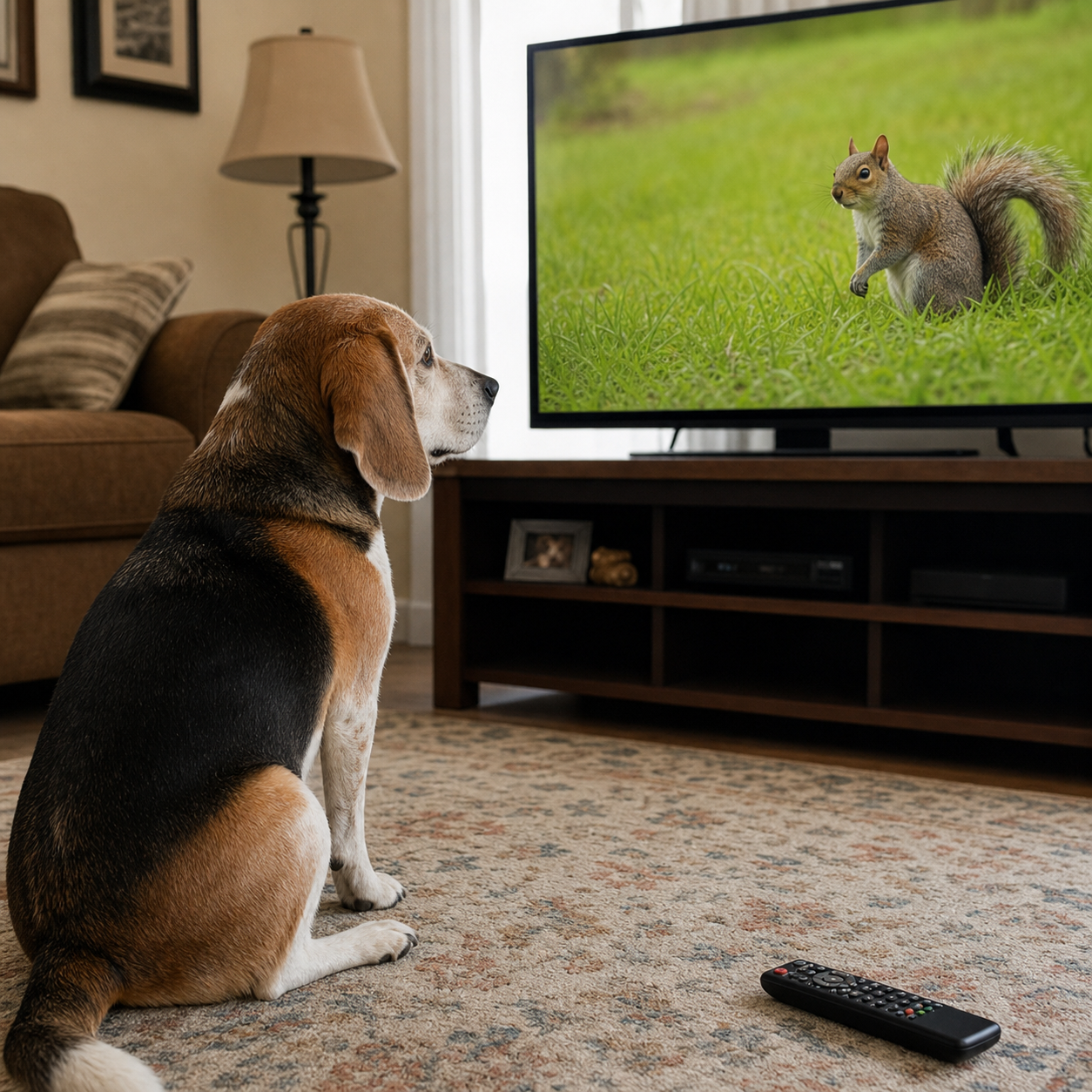 A senior tricolor beagle watching calm squirrel footage on a living-room television