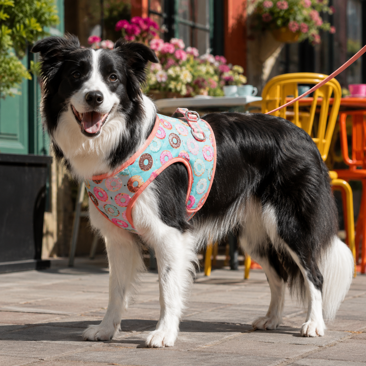 Black-and-white Border Collie wearing a pale blue pastel donut-print harness at a colorful café patio