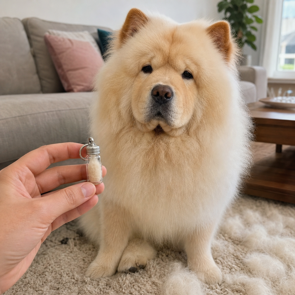 A cream Chow Chow beside a small glass dog-fur keepsake vial held in an owner's hand