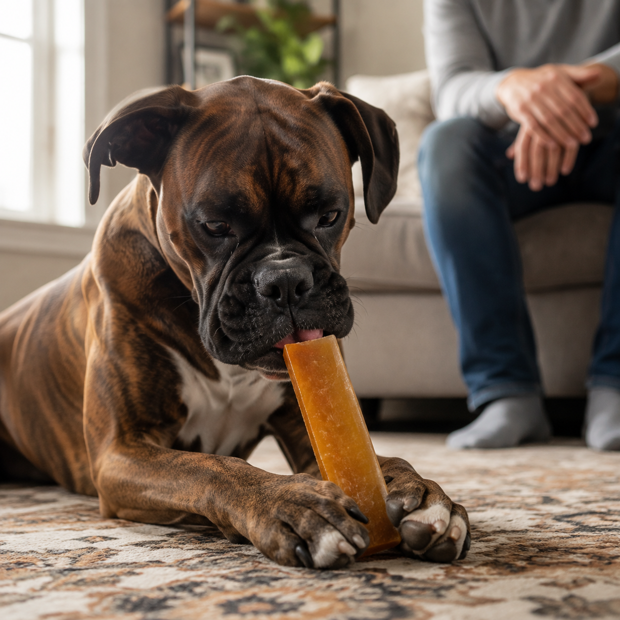 Brindle Boxer holding a translucent amber rectangular bone-broth chew between its paws on a living-room rug