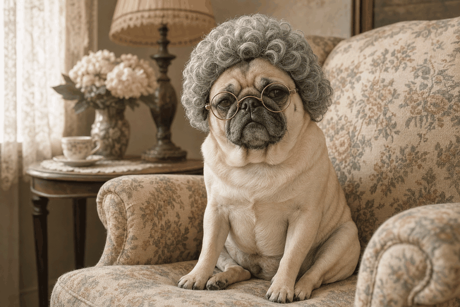 A fawn pug wearing a soft grey granny costume wig and tiny round spectacles in a vintage chair