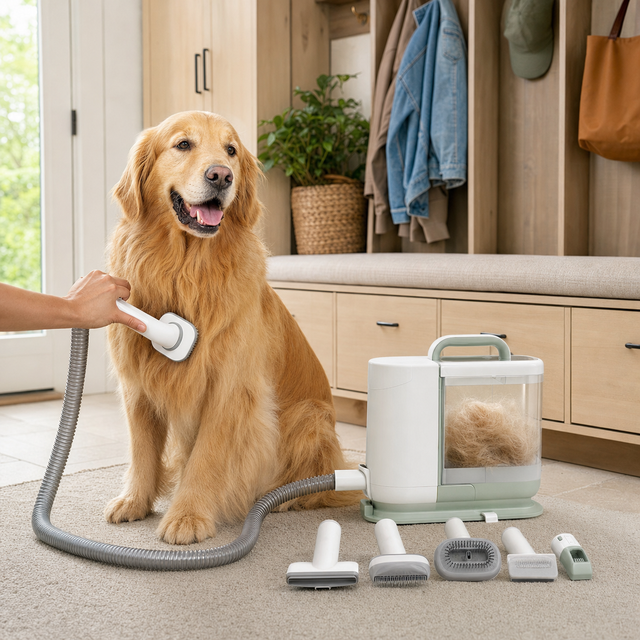 A golden retriever being brushed with a white grooming vacuum while loose fur collects in its clear canister