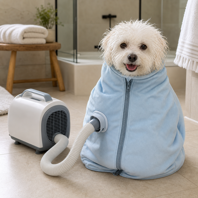 A damp white bichon frise sitting calmly in a pale blue hands-free drying wrap connected to a pet dryer
