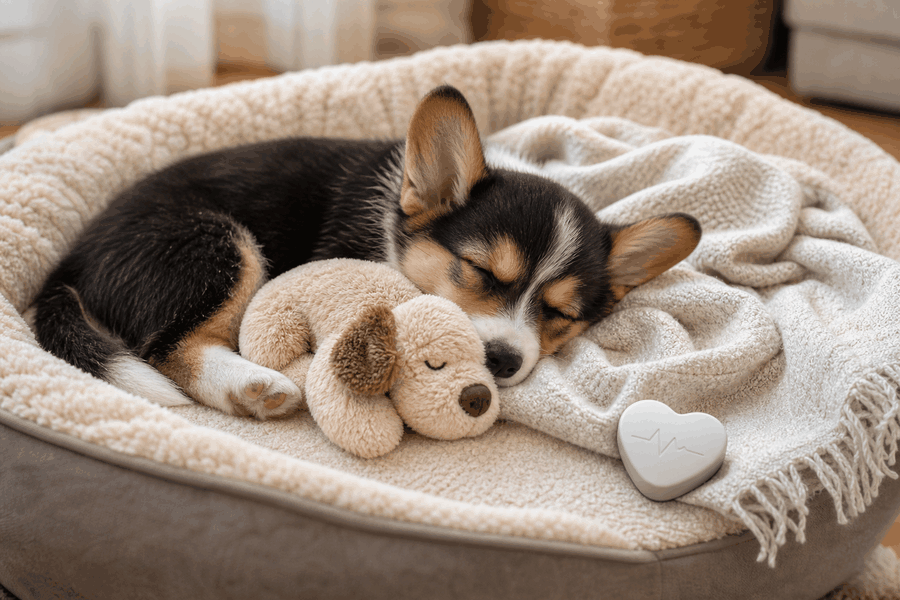 A tricolor corgi puppy asleep beside a beige heartbeat comfort toy in a cozy dog bed