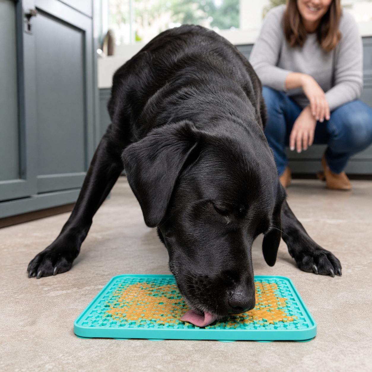 A black Labrador using a teal textured silicone lick mat in a kitchen