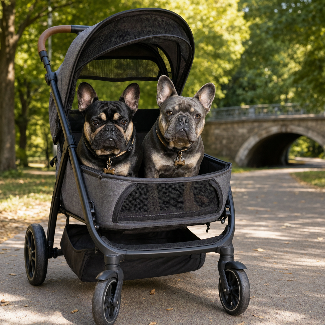 Pickles, a black-and-tan French bulldog, and Bear, a blue-and-tan French bulldog, riding in a double dog stroller