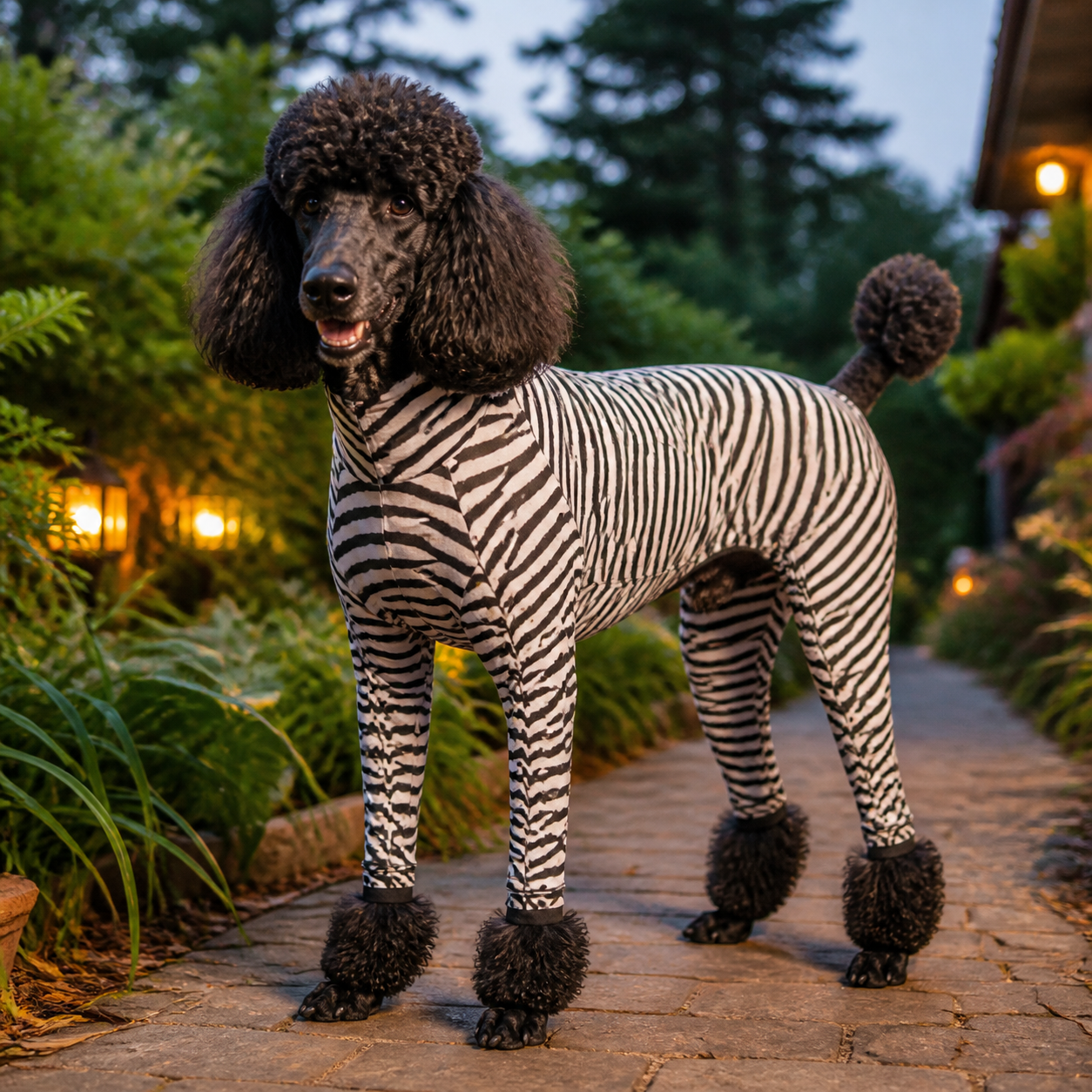 A black Standard Poodle wearing a fitted black-and-white zebra-striped mosquito-protection onesie on a garden path at dusk