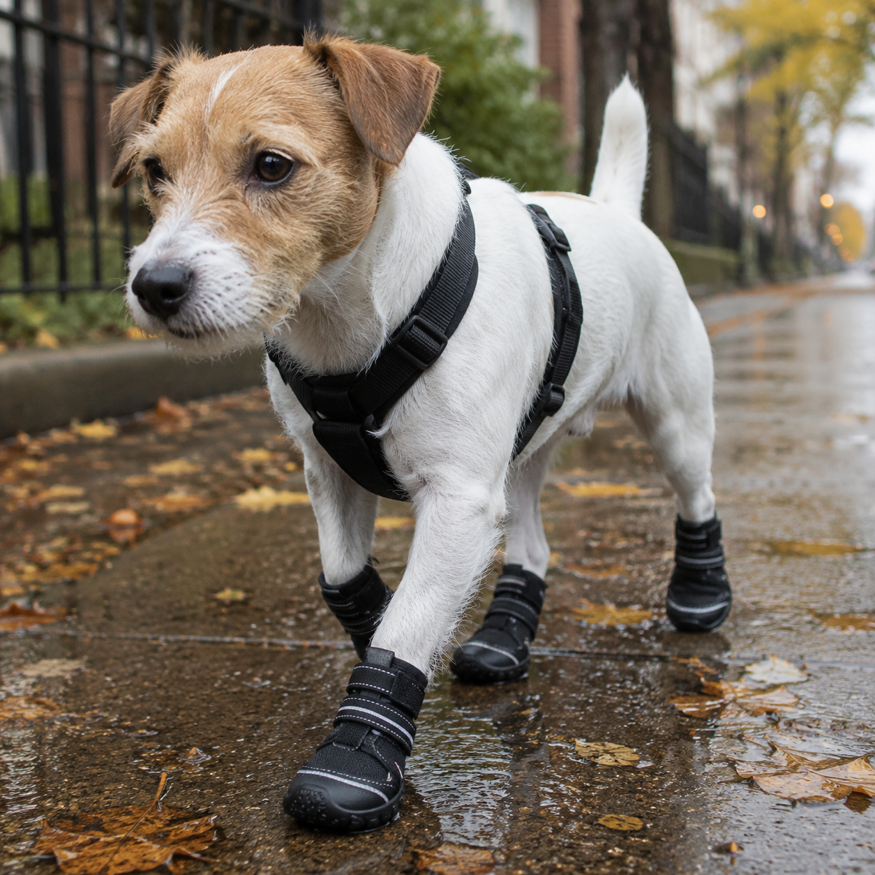 White-and-tan Jack Russell wearing four black outdoor dog booties on a wet autumn sidewalk