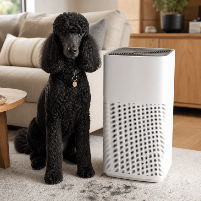 A black Standard Poodle sitting beside a white pet air purifier in a warm modern living room