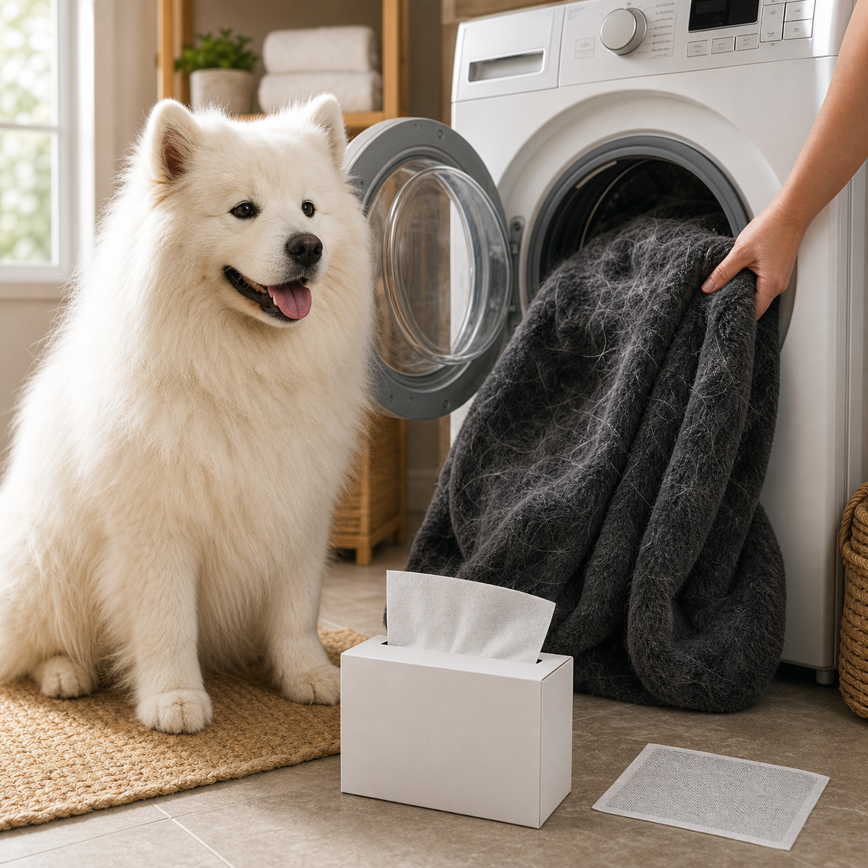 A white Samoyed beside a front-loading washer, a fur-covered dark dog blanket and unbranded pet-hair laundry sheets