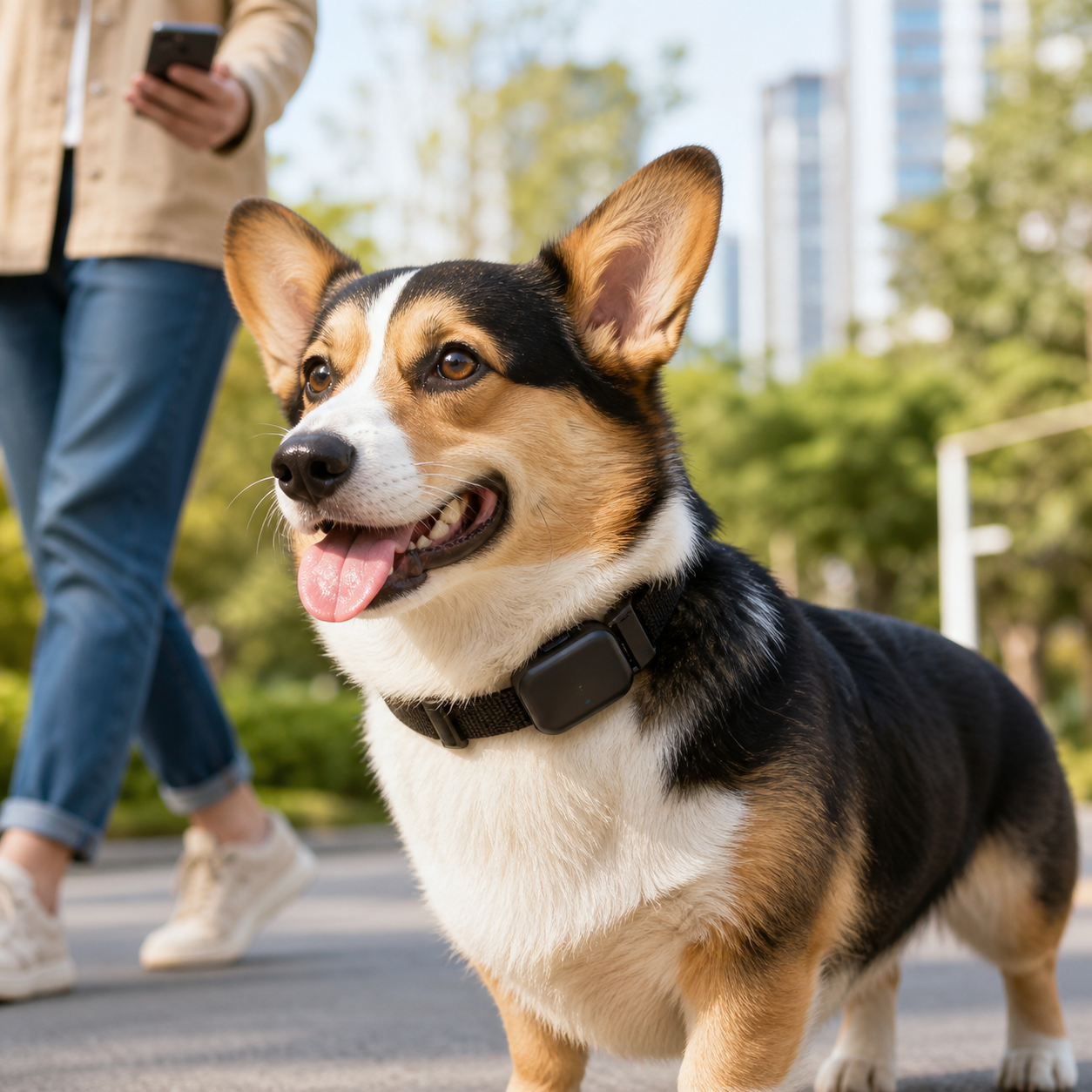 A tricolor Pembroke Welsh Corgi wearing a compact black pet smartphone module on its collar in a sunny urban park