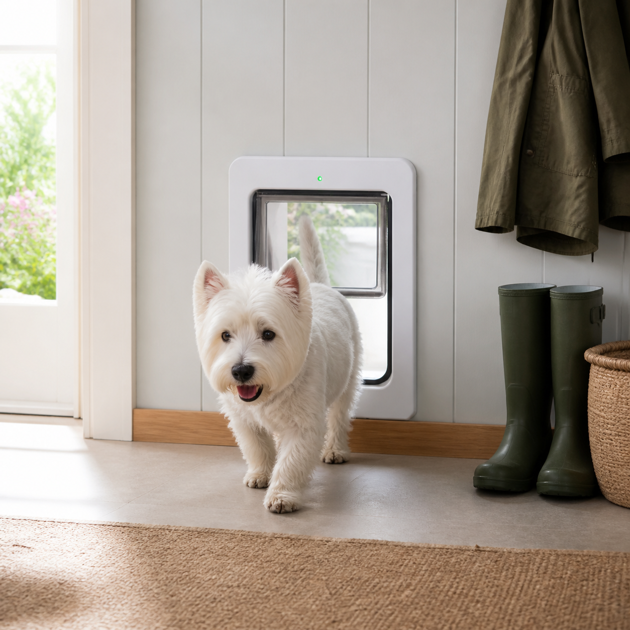 A white West Highland terrier walking through a modern app-controlled automatic dog door in a bright mudroom