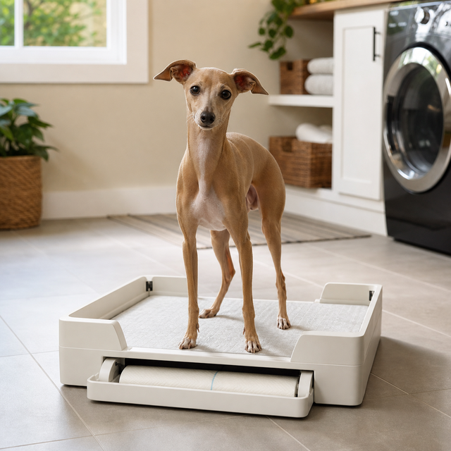 A fawn Italian Greyhound standing on a white smart self-cleaning dog potty in a bright apartment laundry room