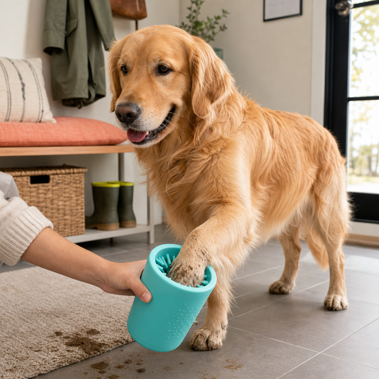 Spinning Paw Cleaner shown in a dog product review photograph