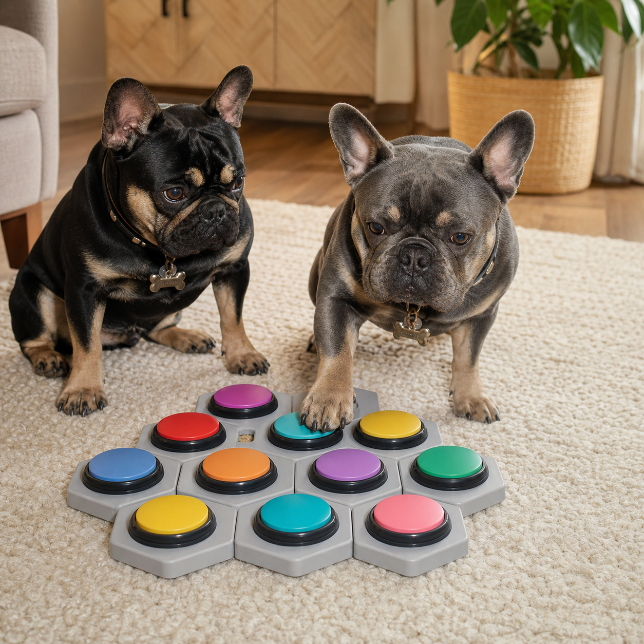 Pickles, a black-and-tan French bulldog, and Bear, a blue-and-tan French bulldog, testing talking dog buttons