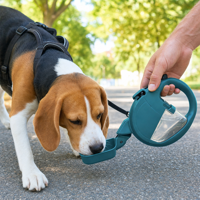 A tricolor beagle drinking from the fold-out trough on a teal retractable leash with a built-in water reservoir