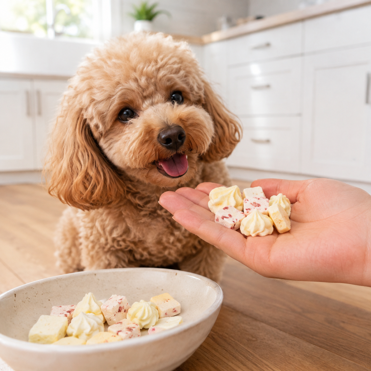Apricot toy poodle watching a hand offer pale freeze-dried dog ice-cream bites in a sunny kitchen